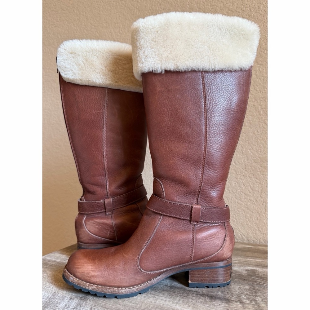 UGG Langley Cognac Leather Sheepskin Tall Boots Waterproof Winter Boots - Picture 11 of 16